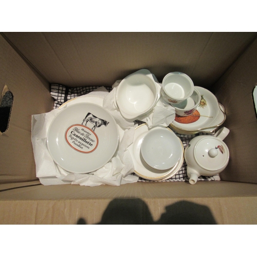 1414 - A box containing mixed ceramics, Worcester side dishes, white serving ware, teapots etc  (E)  £10-20