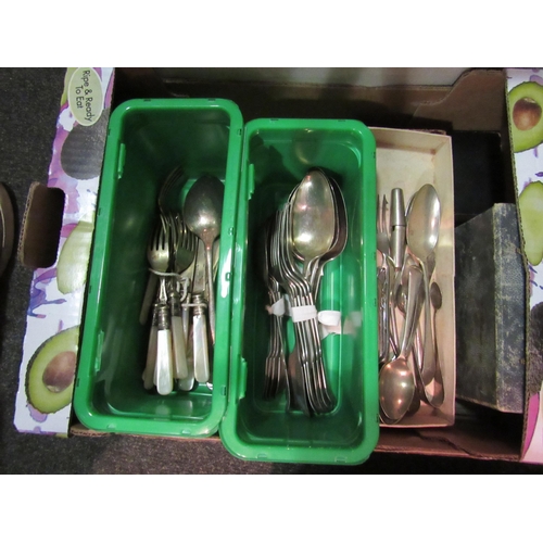 1417 - Two boxes of plated flatware including mother-of-pearl and ivorine handled examples