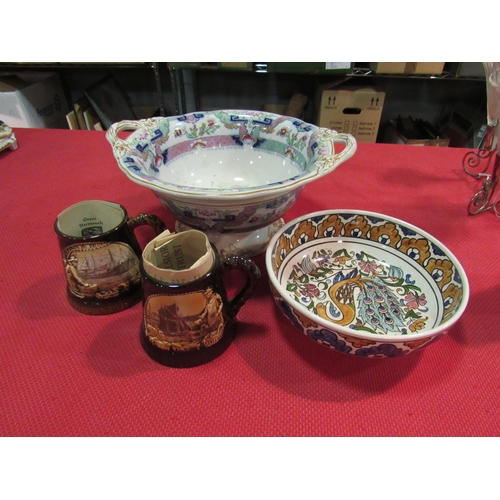 1456 - Two Great Yarmouth ceramic tankards, a Copeland late Spode bowl a/f and a Continental ceramic bowl w... 