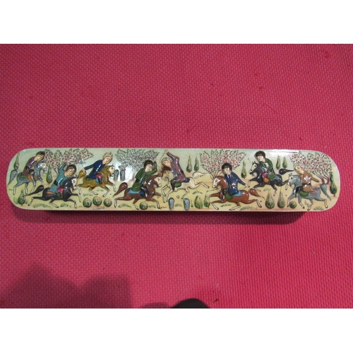 1458 - A sliding pen box embossed with figures on horseback, 33cm long