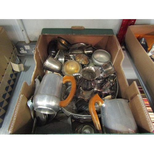 1206 - Two boxes of metalware; silver plated candlesticks, goblets, etc