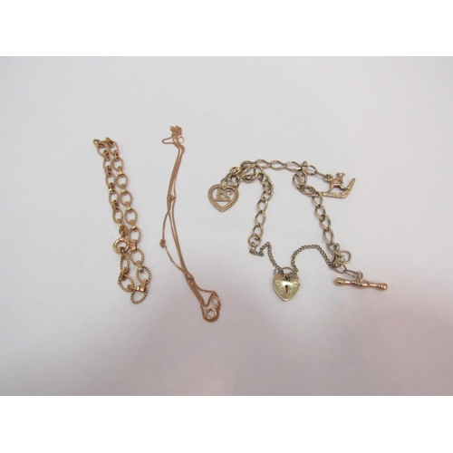 1269 - A 9ct gold charm bracelet, a 9ct gold fancy link bracelet and a 9ct gold nect chain