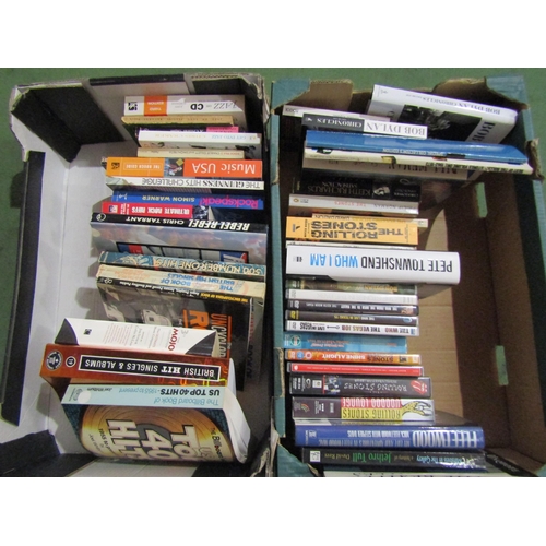 8113 - Two boxes of music books, DVD's and videos including Bob Dylan, The Rolling Stones, The Beatles, Jet... 