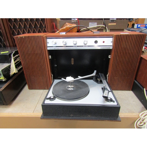 8218 - A Ferguson Stereo Minor portable record player with detachable speakers and fall front revealing tur... 