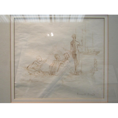 1134 - DONALD FRIEND (1914-1989): A framed and glazed pen and ink drawing of young boys on boat, native boy... 