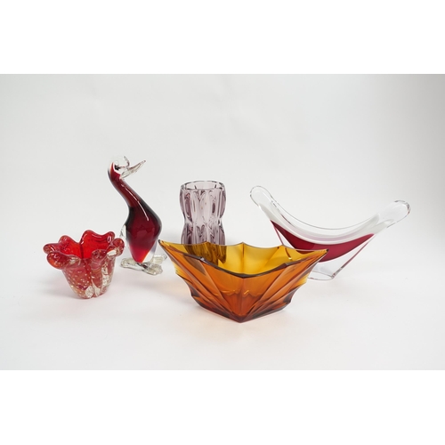 1436 - Five Art glass items to include a Flygfors splash bowl, Rosice amethyst waisted vase by Jan Schmid, ... 