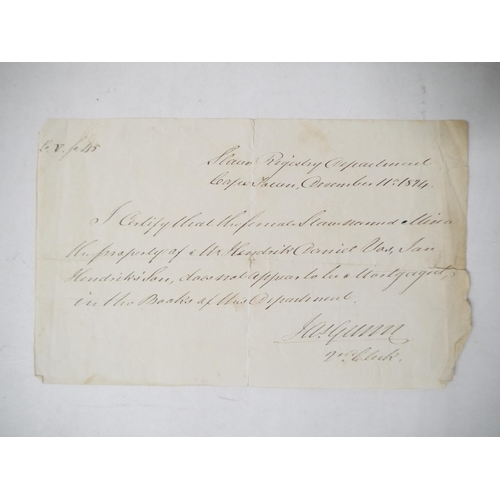 9033 - A manuscript document, Slave Registry Department, Cape Town, 1824, a certificate that a slave named ... 