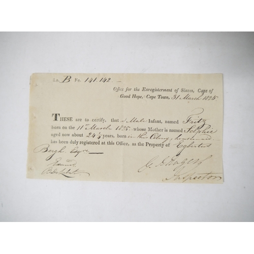 9036 - An 1825 document registering the birth of a slave, Cape Town, 1825, as the property of ''Egbertus Be... 