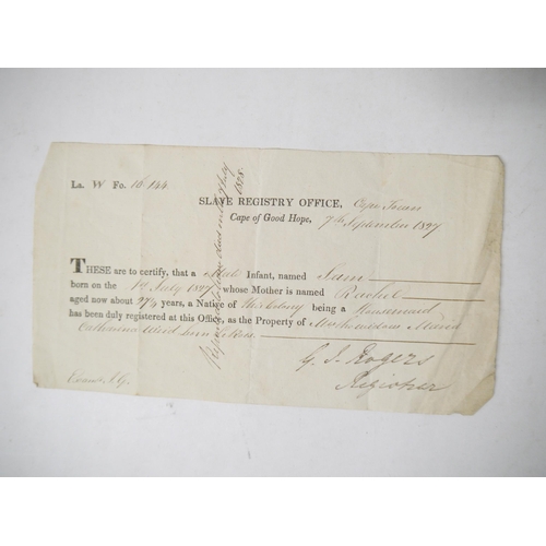 9037 - An 1827 document registering the birth of a slave, Cape Town, 1827, as the property of ''Mrs tho wid... 