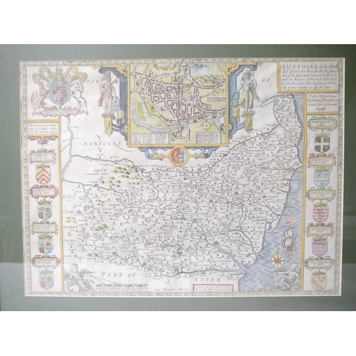 9061 - (Suffolk), John Speed: 'Suffolke described and divided into Hundreds', engraved hand coloured map, c... 