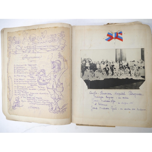 9105 - A World War 1 souvenir album containing photographs, postcards, manuscript pen & ink sketches and en... 