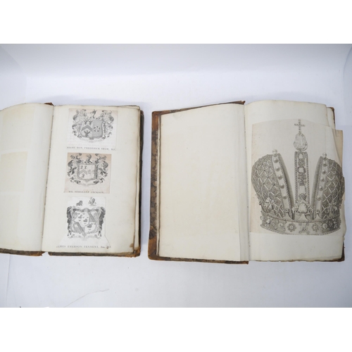 9110 - Two large folio volumes of mainly 18th and 19th Century engraved heraldic coats of arms/bookplates, ... 