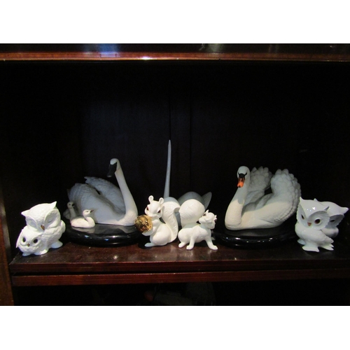 1076 - Royal Osborne and Maruri Masterpiece bone china figures, squirrel and owls. A Franklin Mint swan fig... 