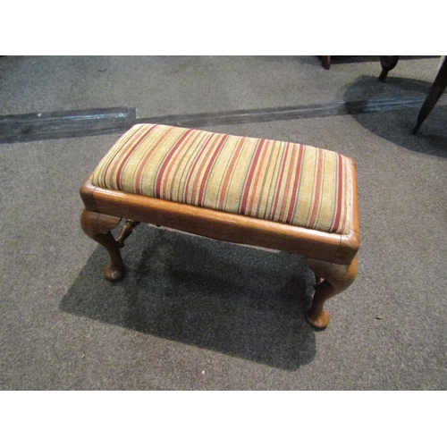 1120 - A Victorian footstool, stretcher base, squat cabriole legs, modern stripe upholstery, 26cm high