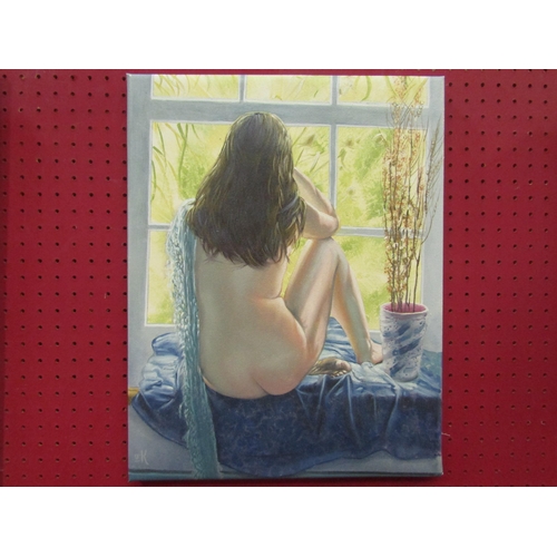 1136 - KRYS LEACH: An oil on stretched canvas titled 'Window Gazing' depicting nude lady, monogrammed lower... 