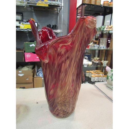 1456 - A decorative Murano style red vase with gold glitter veins, 36cm high