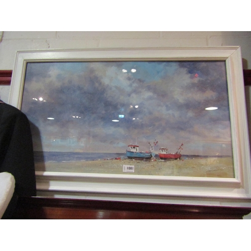 1081 - KEN CURTIS:  Fishing Boats Aldeburgh, acrylic on board, framed and glazed, signed lower right, 41cm ... 