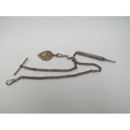 5014 - A silver watch chain with Albert, fob and telescopic pencil, 52g