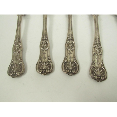 5052 - Six Victorian William Eaton Queens pattern serving spoons, with crested detail, 1840 650g