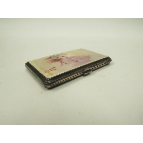 5071 - A silver and guilloche lady's cigarette case with Venetian scene to front. Import marks for London 1... 