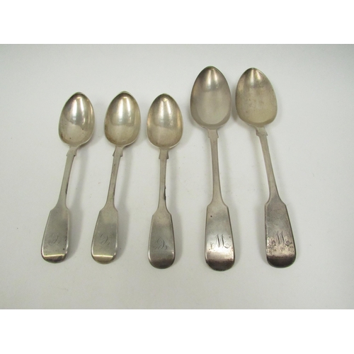 5080 - Two Samuel Hayne & Dudley Cater silver serving spoons, London 1852 with monogrammed handles and thre... 