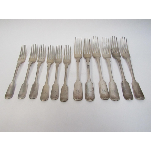 5081 - Six Chawner & Co. large silver forks and six small forks, London 1864, all with monogrammed handles,... 