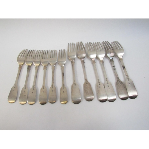 5081 - Six Chawner & Co. large silver forks and six small forks, London 1864, all with monogrammed handles,... 