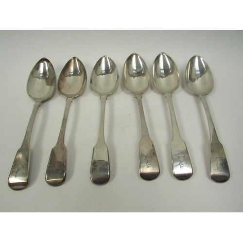 5082 - Six Georgian silver Old English pattern silver serving spoons, five with London assay marks for 1790... 