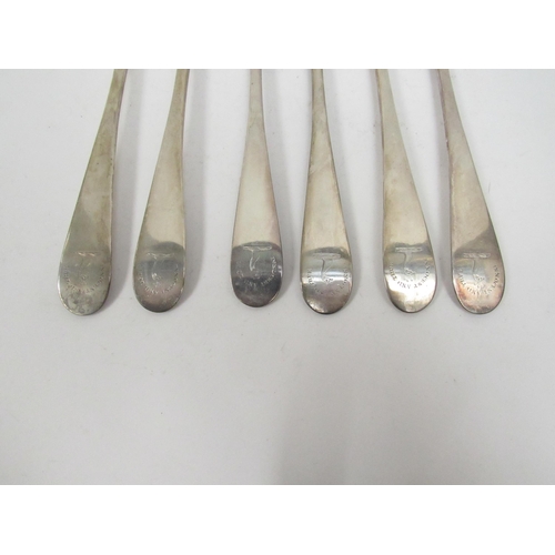 5085 - Six Edinburgh Francis Howden large silver forks 1802 with crested handles, 376g