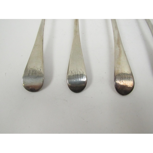 5089 - Six George III silver Fiddle pattern serving spoons all with crested handles including three by Samu... 