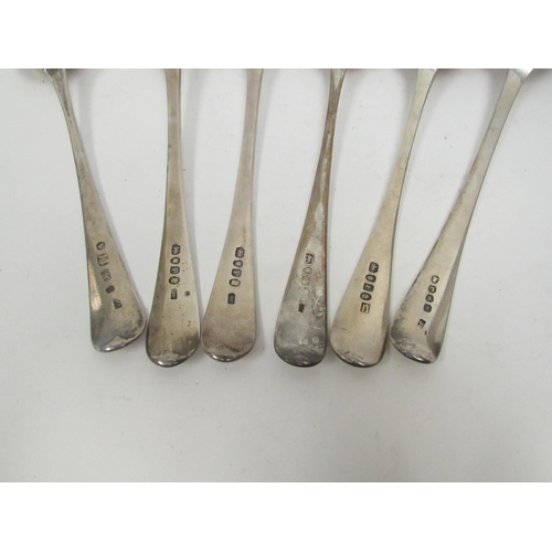 5089 - Six George III silver Fiddle pattern serving spoons all with crested handles including three by Samu... 