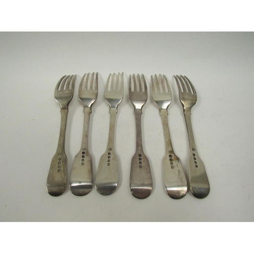 5090 - Six Sarah & John William Blake Hanoverian silver forks with monogrammed handles, five London 1818 on... 