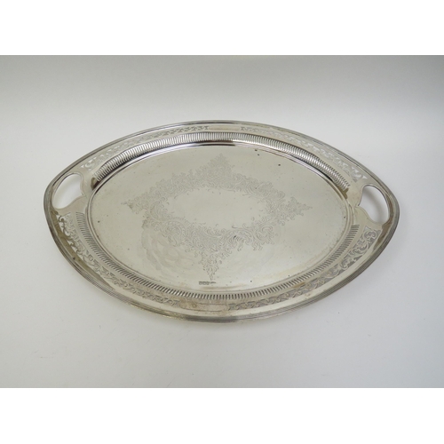 5107 - A William Mamatt & Son., silver oval twin handled tray with pierced detail to borders, engraved swag... 