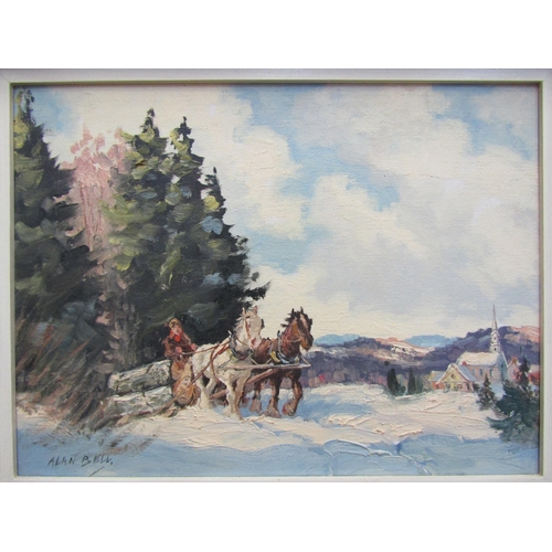 5119 - ALAN BELL: 20th Century artist, landscape depicting team of horses pulling logs with village and spi... 