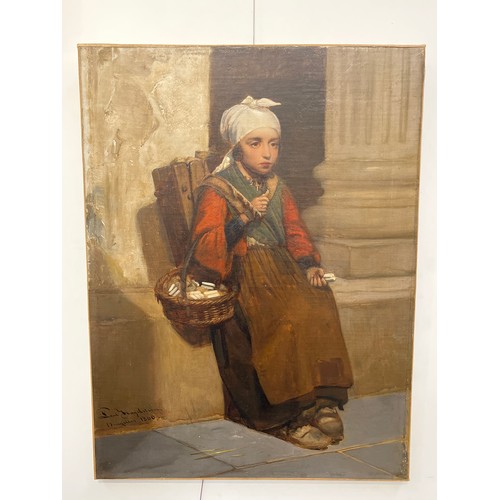 5221 - PAUL HAGELSTEIN (1825-1868): An oil on canvas of seated girl street seller, 57cm x 43cm, heavy gilt ... 