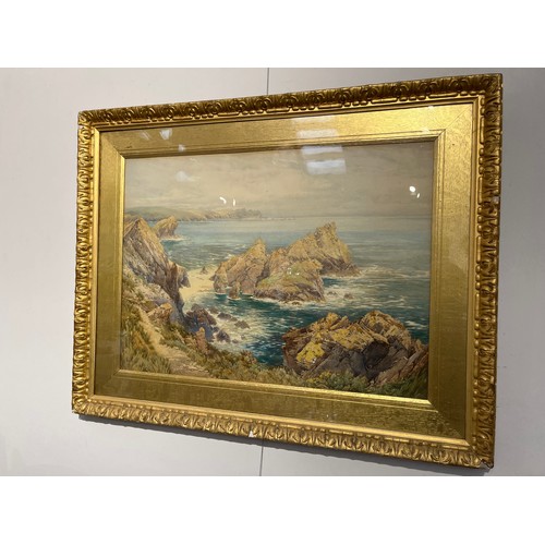 5222 - GEORGE HODGSON (1837-1921): A watercolour ‘The Lion Rock, Kymance Cove, Cornwall’, rocky formations ... 