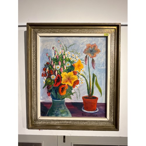 5243 - G.LINDFORS (XX) still-life depicting amaryllis and vase of flowers, acrylic on board, framed, 70cm x... 