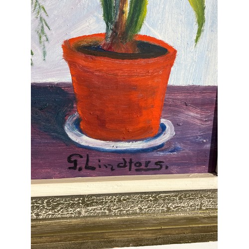 5243 - G.LINDFORS (XX) still-life depicting amaryllis and vase of flowers, acrylic on board, framed, 70cm x... 