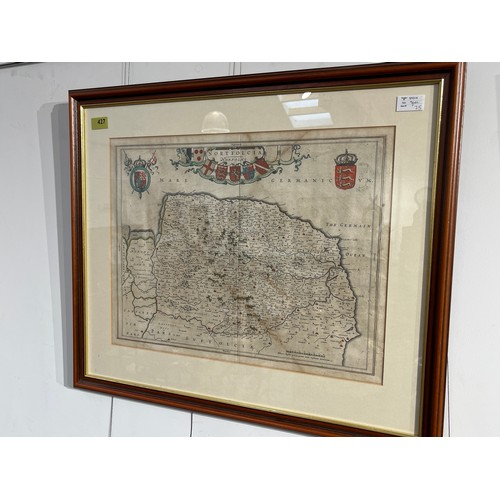 5245 - A 17th Century coloured map of Norfolk taken from a book mounted in double sided frame, 40cm x 53cm ... 