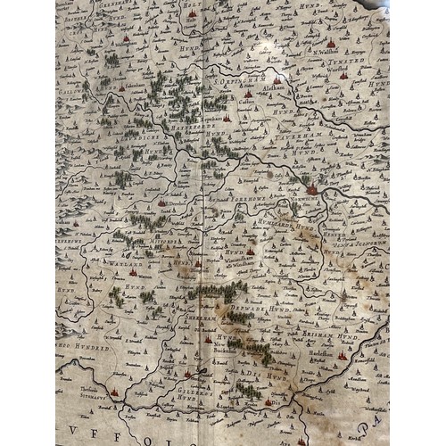 5245 - A 17th Century coloured map of Norfolk taken from a book mounted in double sided frame, 40cm x 53cm ... 