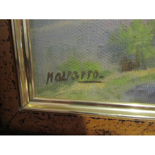 4022 - MANUEL NAVARRO (1936-2002): An oil on board of castle and monastery in mountainous scene, signed low... 