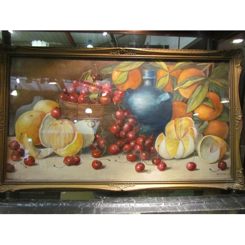 4080 - W.J. OVENS (1917): Still life watercolour of a fruit basket and flagon. Gilt framed and glazed. Imag... 