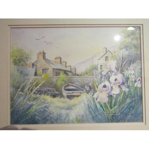 4084 - Two contemporary watercolours, Cornish houses by a waterfall by John Laver with boat and irises in t... 