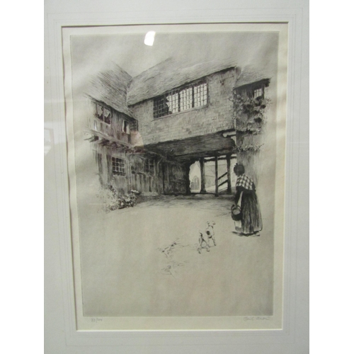 4091 - A Cecil Aldin limited edition print 33/100, lady with basket, dog and buildings, framed and glazed, ... 