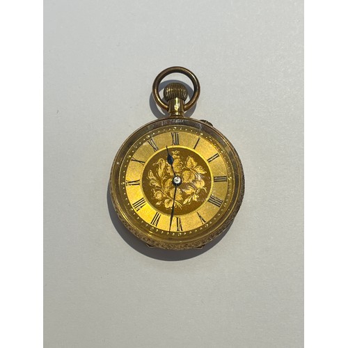 5715 - A Continental lady's fob watch with stooled face and ornate case stamped 18k, 30g