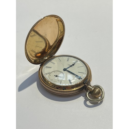 5716 - An Elgin hunter pocket watch with black Roman numerals to the white enamelled face, subsidiary secon... 