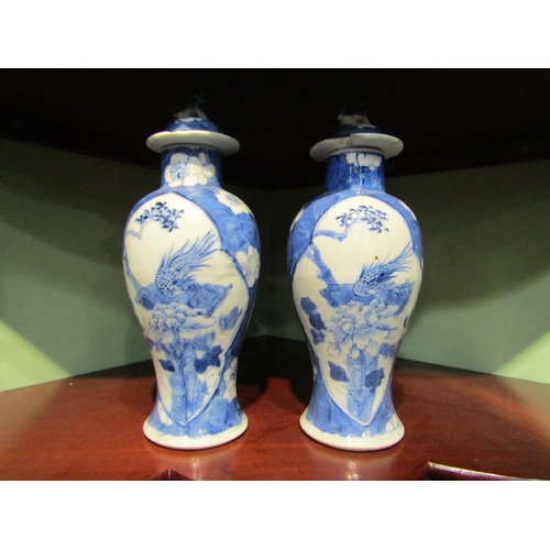 4243 - A pair of Chinese blue and white vases with covers, character marks to bases, a/f, approximately 24c... 