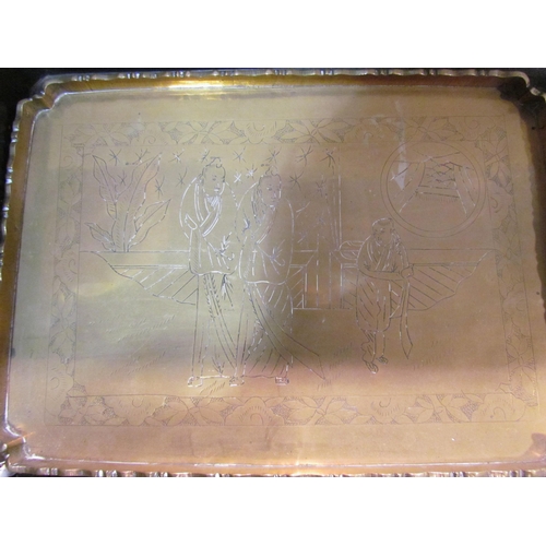 4308 - Two Oriental lacquered trays with dragon detail and a Chinese brass tray, made in China stamp