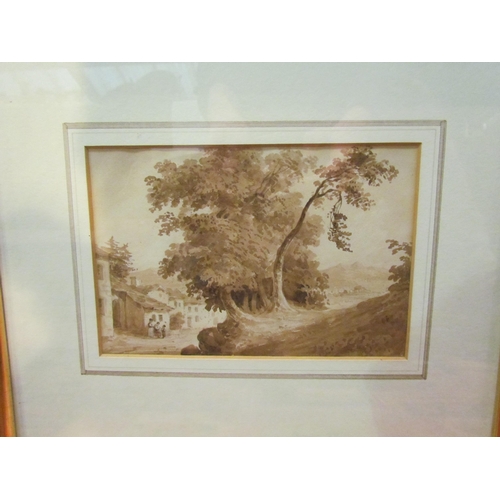 4478 - A pair of 19th Century sepia watercolours of castle ruins and copse of trees beside dwellings, frame... 