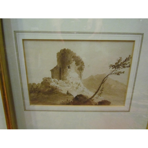 4478 - A pair of 19th Century sepia watercolours of castle ruins and copse of trees beside dwellings, frame... 